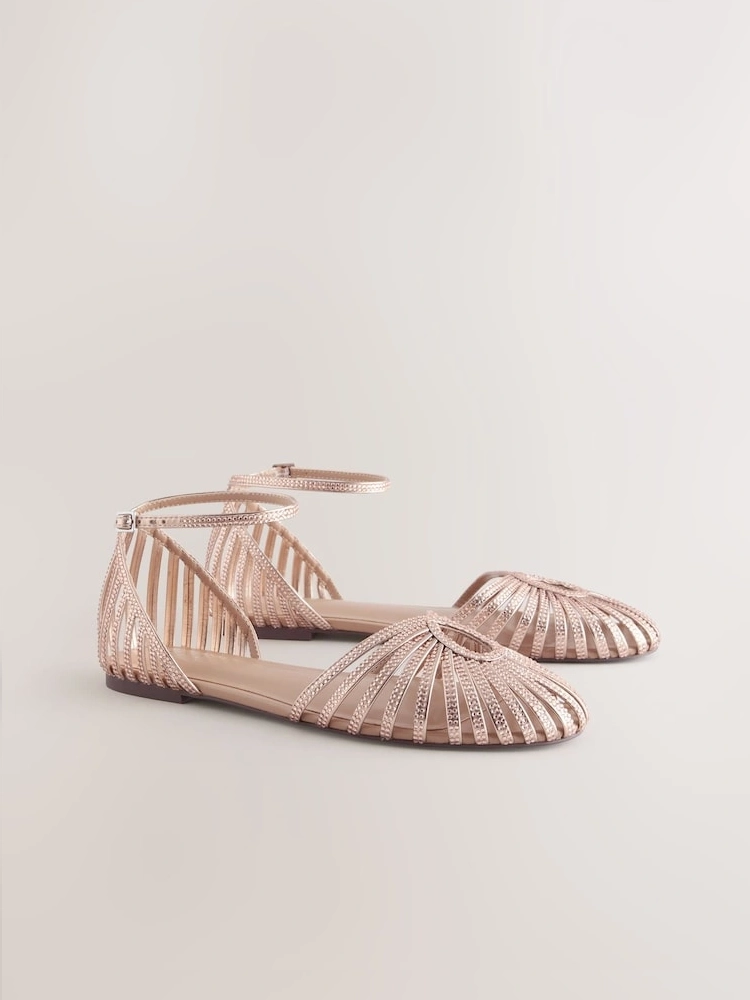 Rose Gold Diamante Cage Two-Part Flats