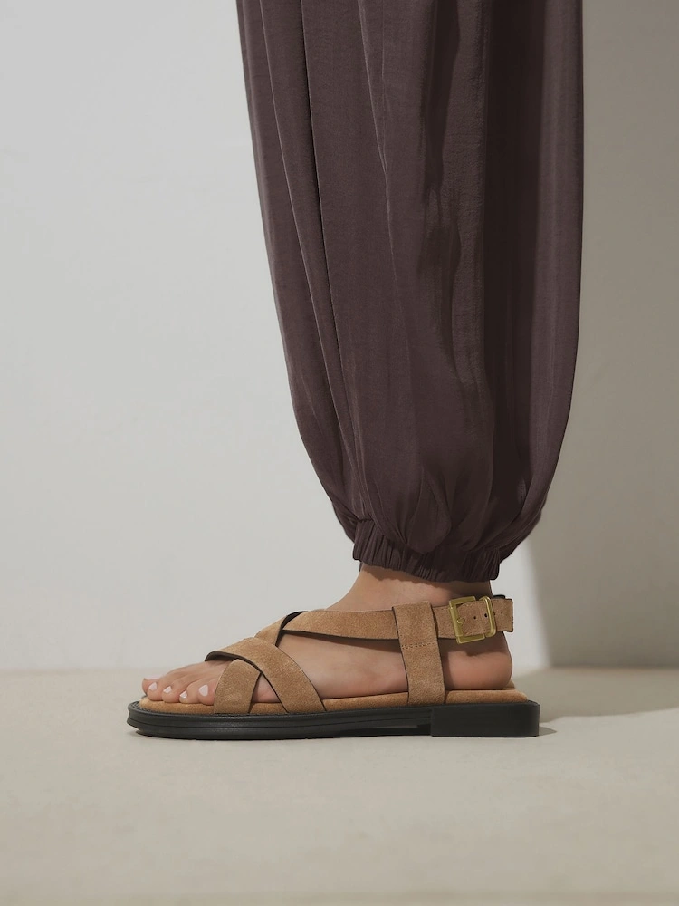 Tan Suede Cross Strap Comfort Sandals image 3
