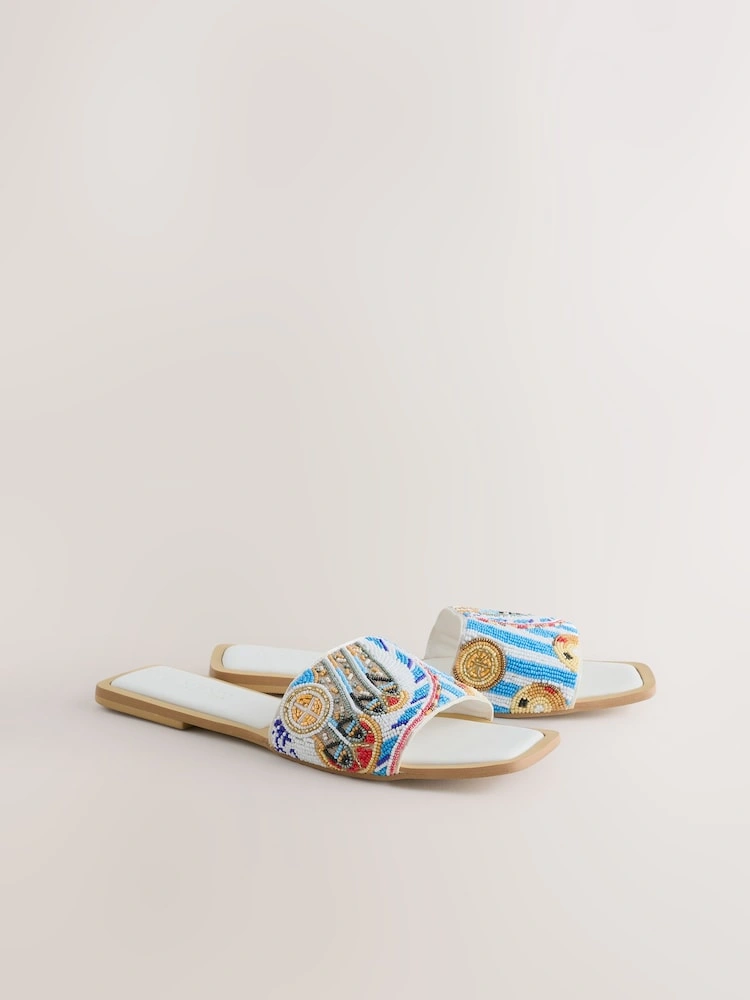 White Beaded Square Toe Mule Sandals image 4