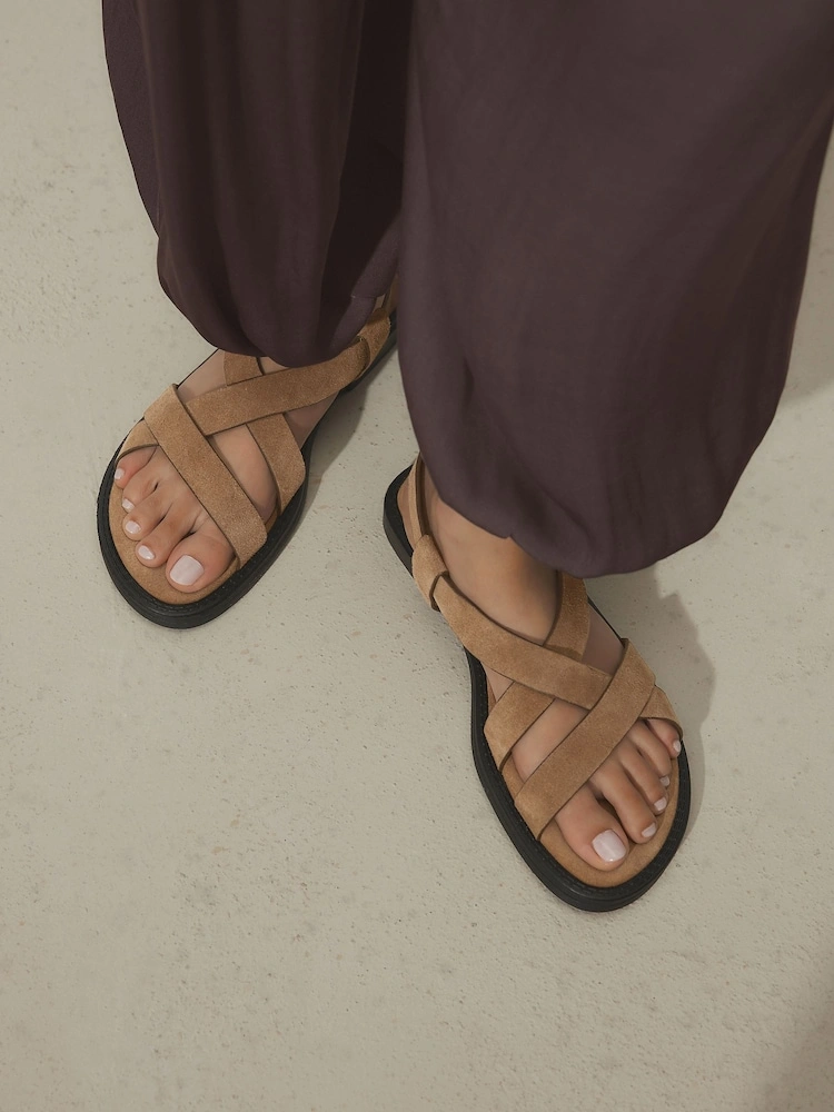 Tan Suede Cross Strap Comfort Sandals image 2