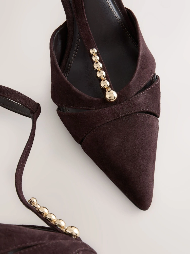 Tan Brown Suede T-Bar Embellished Heels image 4