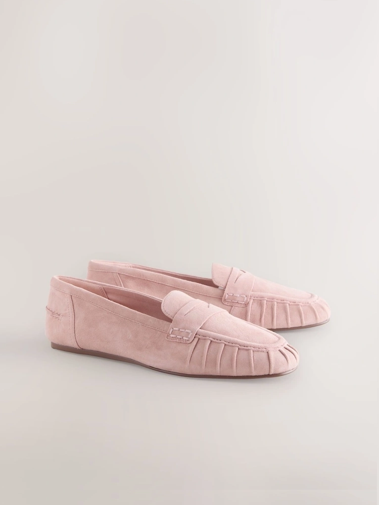 Blush Pink Ruched Suede Comfort Loafers