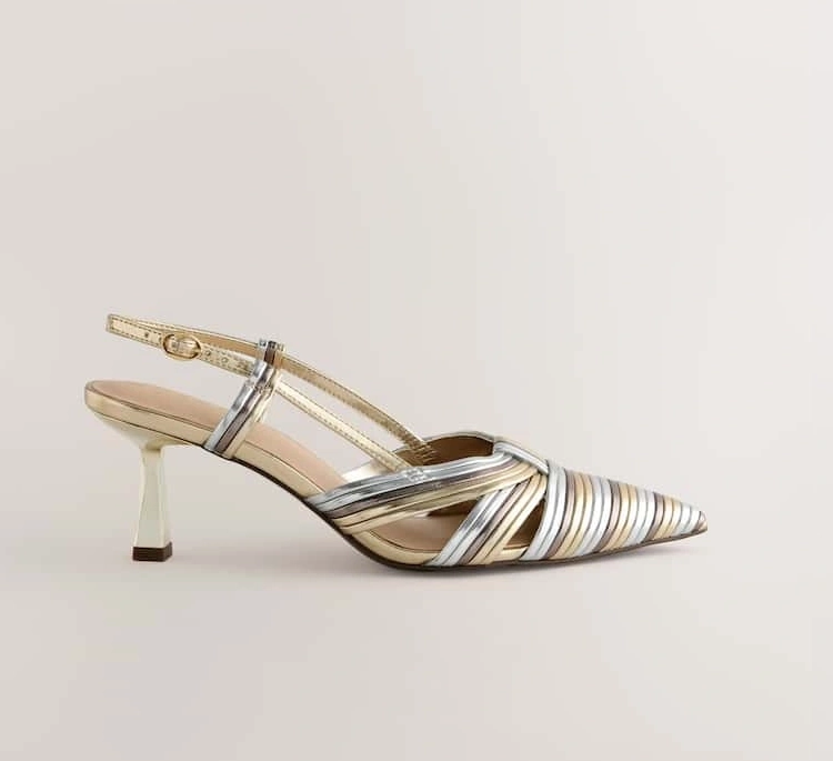 Metallic Textured Pointed Toe Slingback Heels