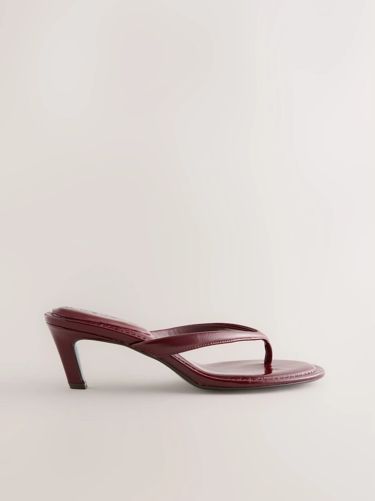 Burgundy Leather Toe-Post Mid Heel Sandals