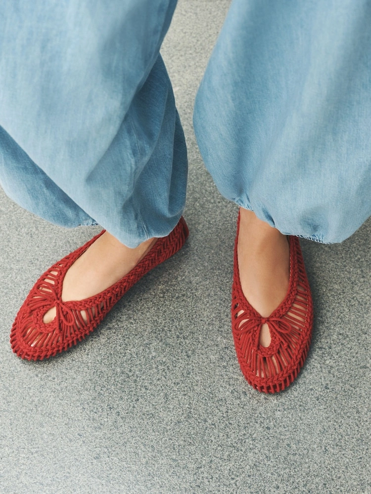 Red Rope Detail Round Toe Ballet Flats