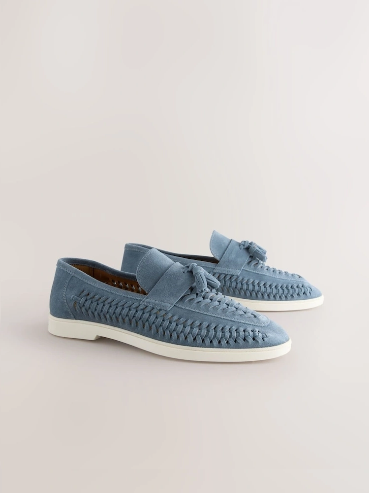 Blue Suede Woven Tassel Loafers