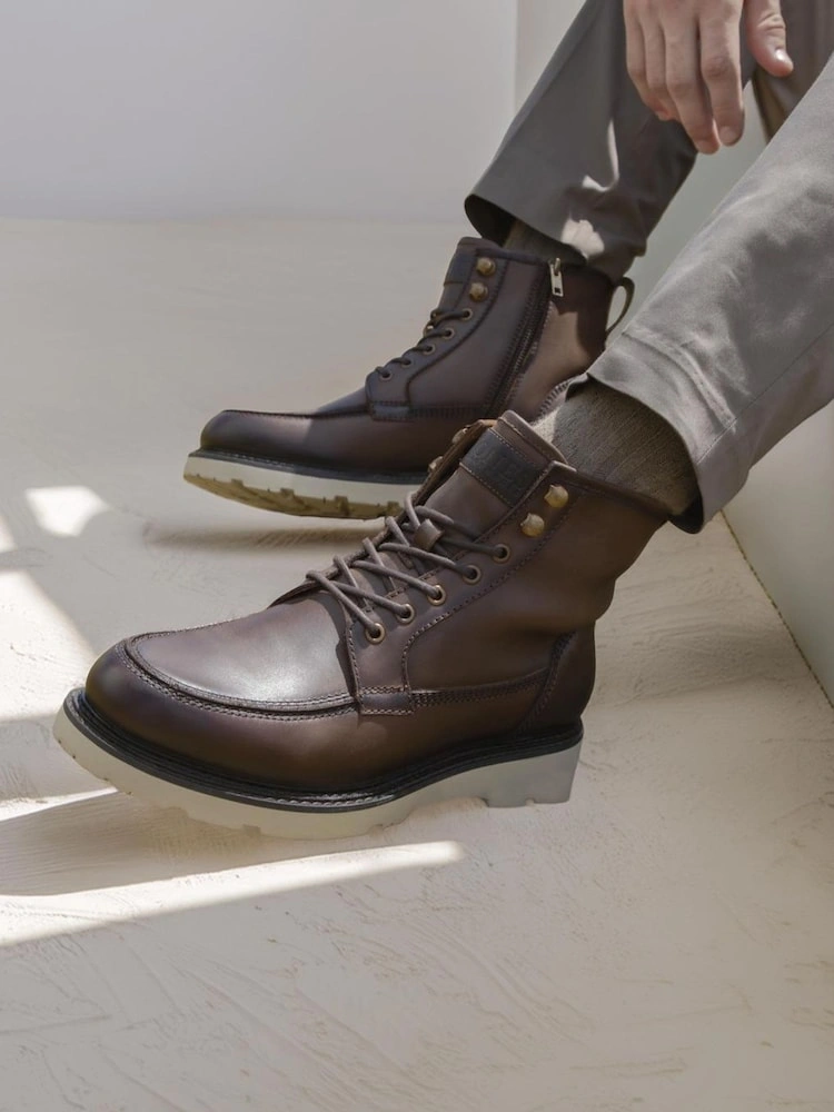 Brown Chunky Leather Lace-Up Boots with Side Zip image 4
