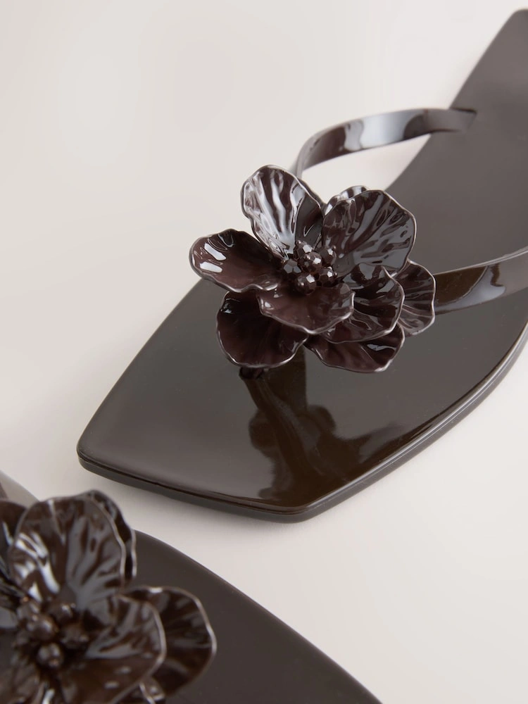 Chocolate Brown Flower Trim Square Toe Flip Flops image 3