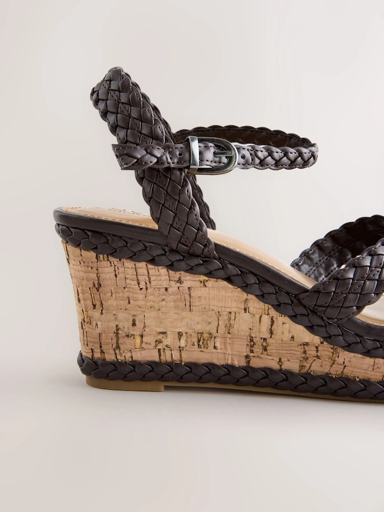 Chocolate Brown Plait Crossover Wedge Sandals image 3