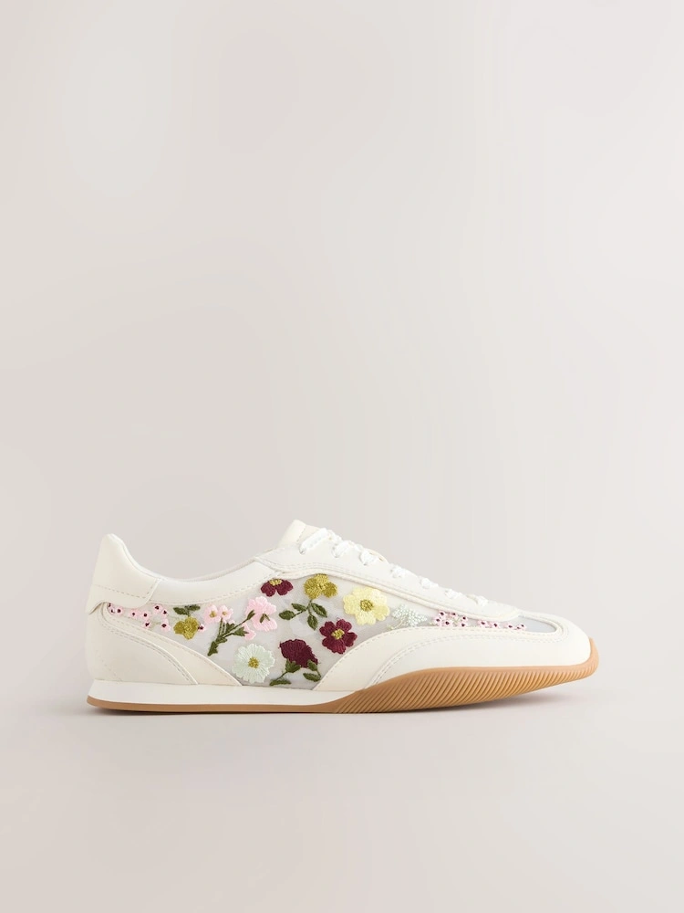 White Floral Embroidered Slim Sole Trainers image 4