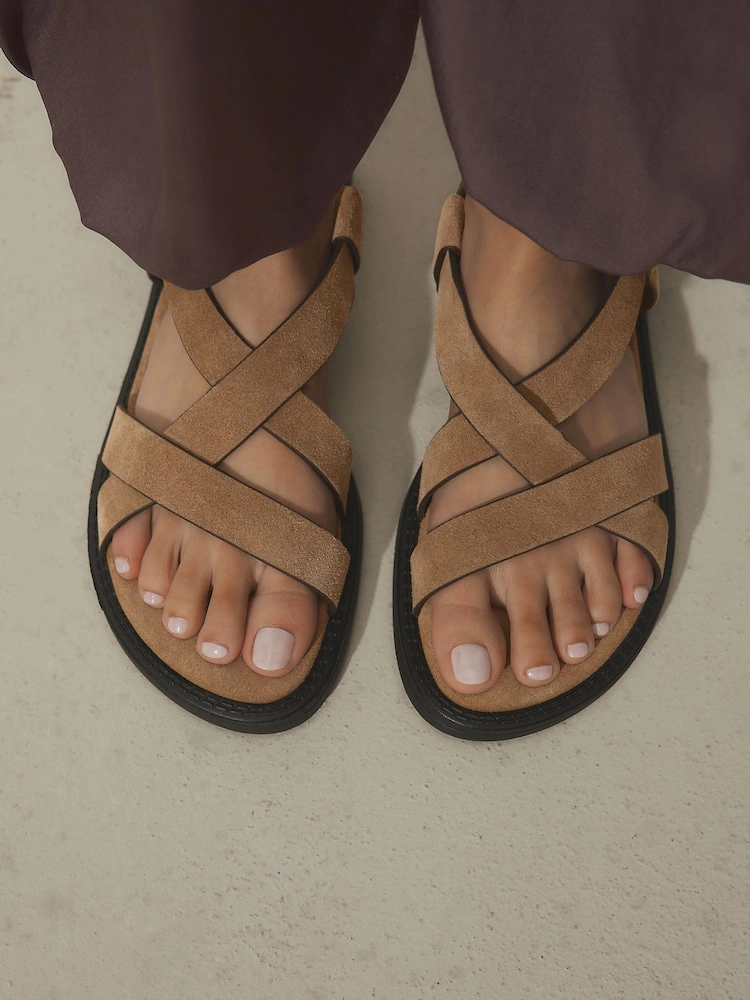 Tan Suede Cross Strap Comfort Sandals image 6