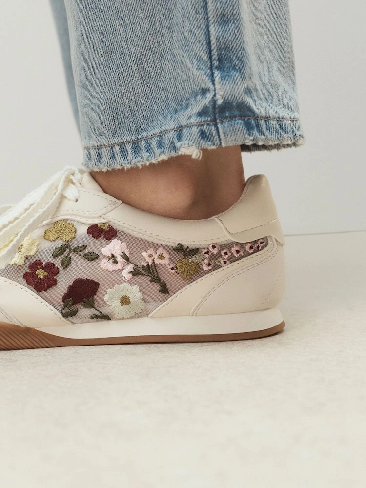 White Floral Embroidered Slim Sole Trainers image 2