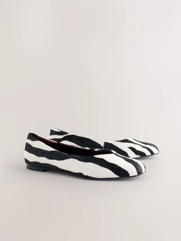 Zebra Print Leather Square Toe Ballet Flats